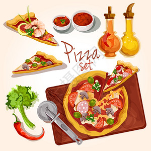 新鲜美味的意大利食品比萨饼与盘子配料调味料分离矢量插图图片