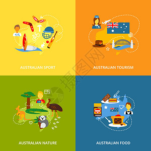 澳大利亚旅游图标平与澳大利亚体育旅游自然食品孤立矢量插图图片