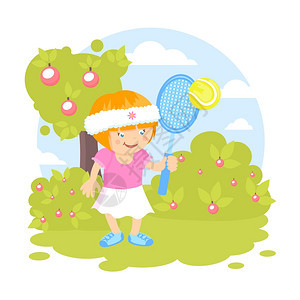 女孩与运动网拍打网球草坪户外背景矢量插图图片