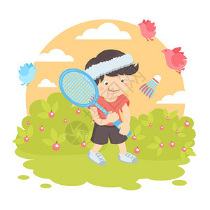 男孩与运动网拍打羽毛球草坪与自然户外背景矢量插图图片