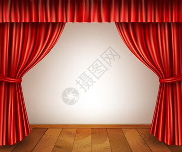 剧院舞台与木地板红色天鹅绒开放复古风格窗帘隔离白色背景矢量插图图片