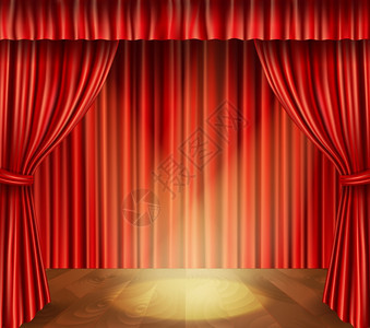 剧院舞台与木地板红色天鹅绒复古风格窗帘聚光灯背景矢量插图图片