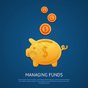 趣的粉红色储蓄罐钱箱与金币管理基金海报矢量插图图片