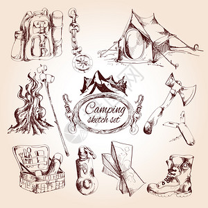 露营素描与帐篷篝火旅游孤立矢量插图图片