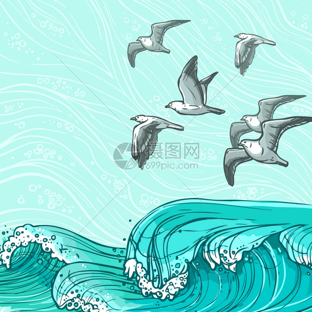 波浪流水勾画大海飞翔的海鸥鸟类彩色背景矢量插图