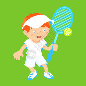 男孩与运动羽毛球网拍毽子隔离绿色背景矢量插图图片