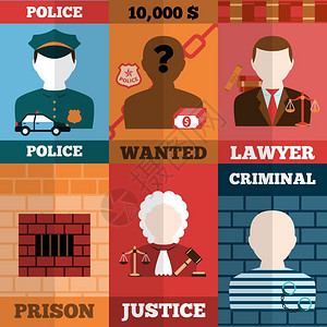 犯罪惩罚迷你海报与律师,监狱司法,刑事孤立矢量插图图片
