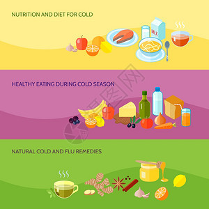 健康食品横幅与营养饮食的寒冷季节,自然流感补救措施矢量插图图片