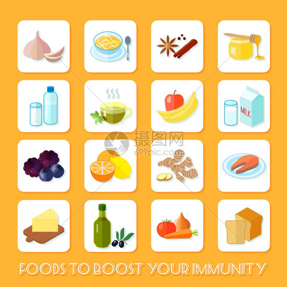 健康食品,提高您的免疫力图标平矢量插图图片