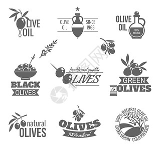 天然机绿色黑色橄榄传统优质油黑标签集孤立矢量插图图片