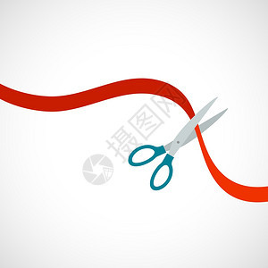 剪刀剪红色丝带平图标开幕式符号矢量插图背景图片