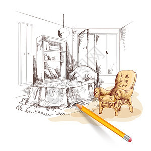 卧室内部草图与黄色铅笔矢量插图图片