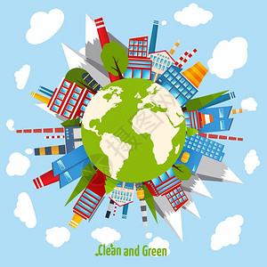 清洁绿色能源与全球工业建筑矢量插图图片