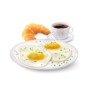 早餐写实套与杯咖啡牛角包煎蛋盘子矢量插图图片
