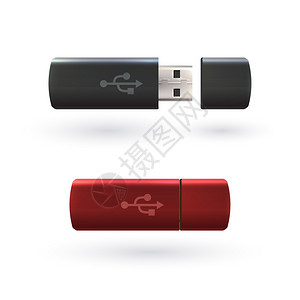 红色黑色USB闪存驱动3D现实象隔离白色背景矢量插图图片
