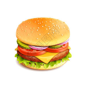 汉堡包快餐三明治标志现实隔离白色背景矢量插图图片