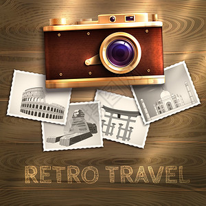 复古旅游海报与老式相机照片卡木桌背景矢量插图图片