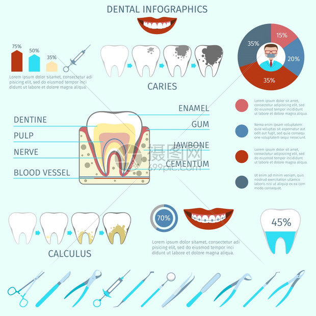 牙科护理仪器信息与牙齿饼图矢量插图图片