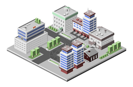 商务中心现代三维城市办公建筑装饰图标等距矢量插图插画