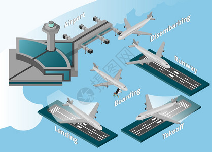 机场装饰图标等距下机跑道登机着陆飞符号矢量插图图片