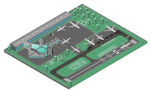 机场等距与飞机跑道基础设施图标矢量插图图片