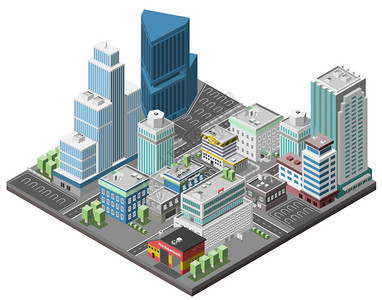 城市市中心与等距办公摩天大楼建筑三维矢量插图图片