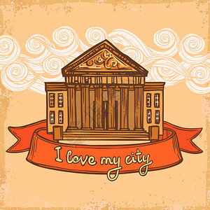城市复古背景与素描大学博物馆法院大楼与柱向量插图图片