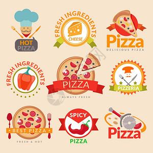 比萨饼店热比萨饼新鲜配料辛辣美味食品标签矢量插图图片