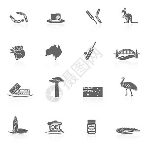 澳大利亚旅游图标黑色与悉尼歌剧院啃袋鼠孤立矢量插图图片