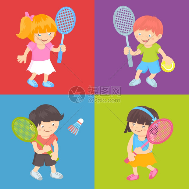 男孩女孩与运动设备打网球羽毛球平矢量插图图片