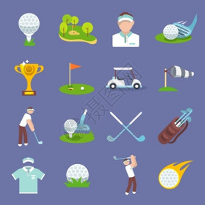 高尔夫运动图标平与高尔夫球旗球草坪隔离矢量插图图片