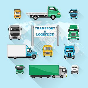 卡车运输物流交付图标平与世界矢量插图图片