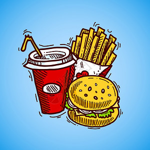 快餐草图装饰图标饮料炸薯条汉堡矢量插图图片