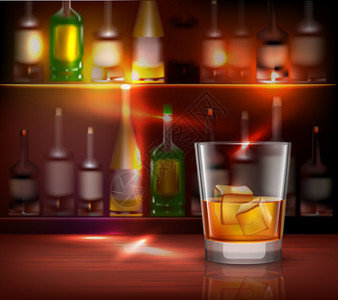 酒吧柜台现实背景与璃威士忌前的矢量插图图片