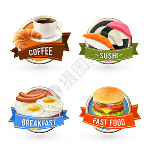 早餐标签咖啡,寿司,煎蛋,快餐,图片