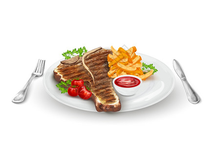烤牛排的盘子与薯片,蔬菜刀叉矢量插图背景图片