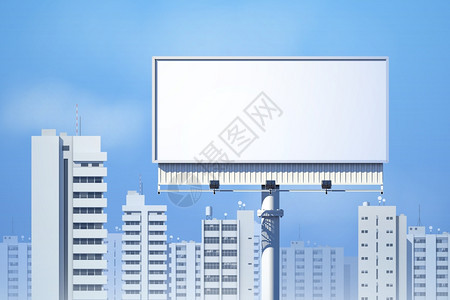城市天际线背景矢量插图上的户外现实三维广告牌图片