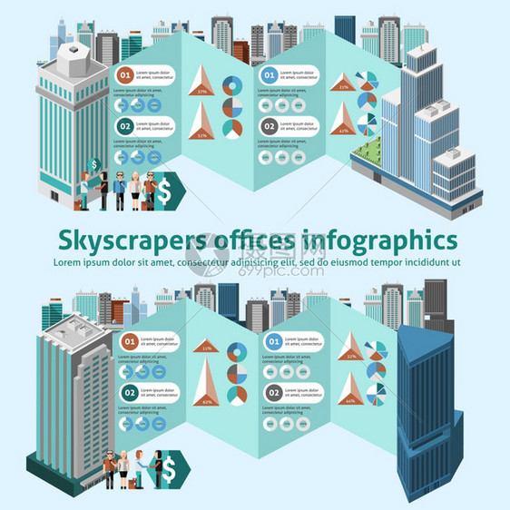 摩天大楼办公室信息与三维等距高层建筑图表矢量插图图片