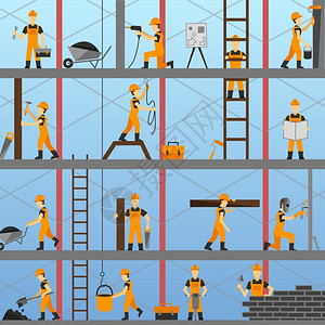 施工过程背景与建筑工人修理工维修工人矢量插图图片