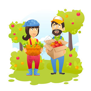 男女农民花园收获胡萝卜,苹果树木的背景矢量插图图片