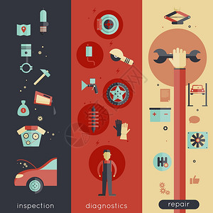 自动服务垂直横幅检查诊断修复元素隔离矢量插图图片