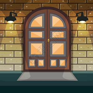 经典的门口砖墙房屋立与家庭入口门灯光矢量插图图片