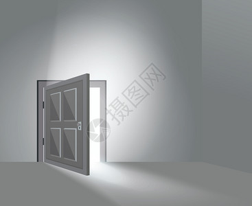 打开房间内的家庭门与聚光灯阴影地板矢量插图背景图片