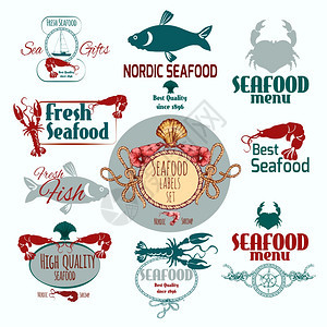 海鲜餐厅菜单新鲜鱼蟹虾标签隔离矢量插图图片