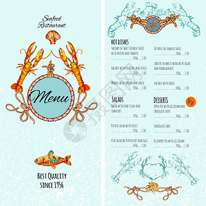 海鲜餐厅菜单卡模板与优质鱼菜矢量插图图片