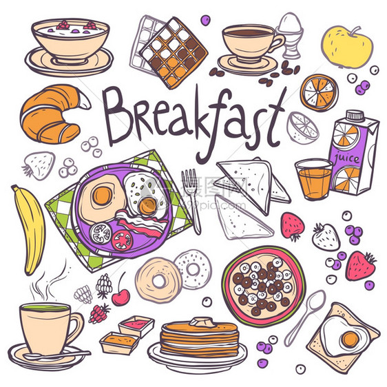 早餐装饰草图图标煎鸡蛋烤谷类食品橙汁分离矢量插图图片