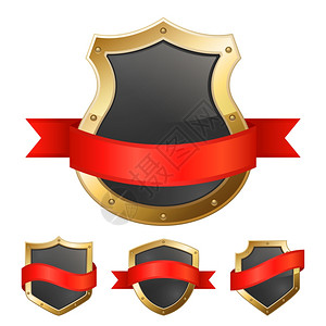 黑色保护盾金色框架与红色丝带图标成的白色背景抽象矢量插图黑色金色框架盾牌与丝带图片