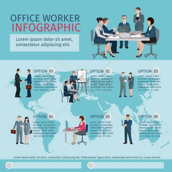 办公室工作人员信息图表集与业务队工作流符号矢量插图办公室工作人员信息图表图片
