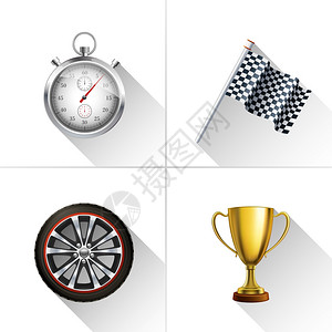 赛车装饰图标与现实的秒表旗轮奖杯杯隔离矢量插图图片