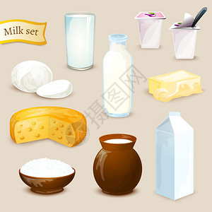 牛奶食品饮料产品装饰图标酸奶奶酪黄油孤立矢量插图牛奶制品套装图片